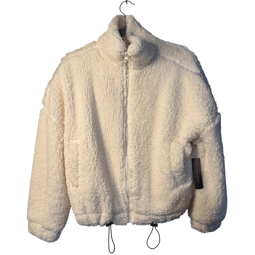 NWT No Boundaries‎ Womens Medium Cream Sherpa Fleece Jacket White Fuzzy Zip Up
